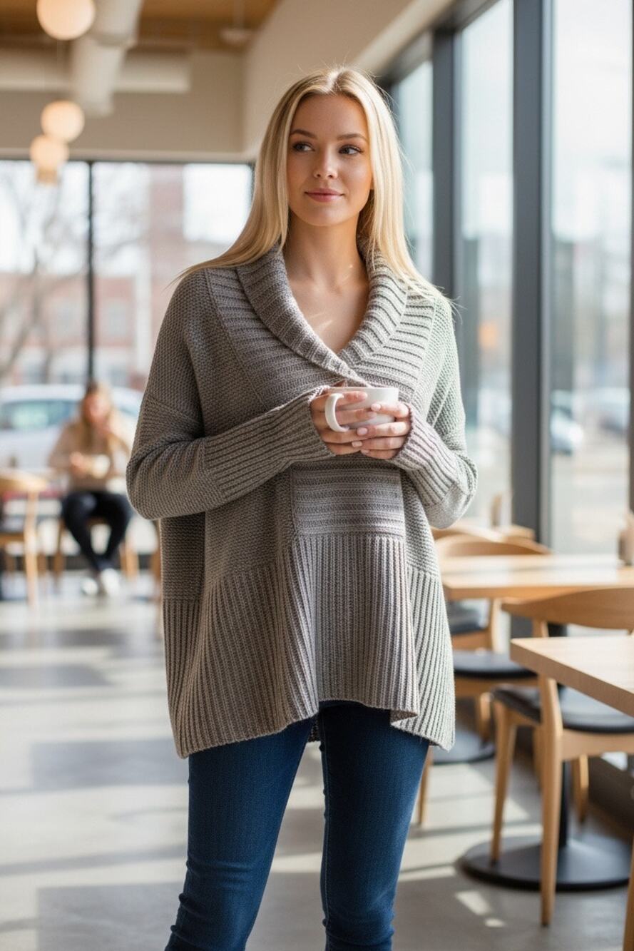 New Directions Gray Shawl Collar Sweater Women’s Size M Acrylic Knit Pullover